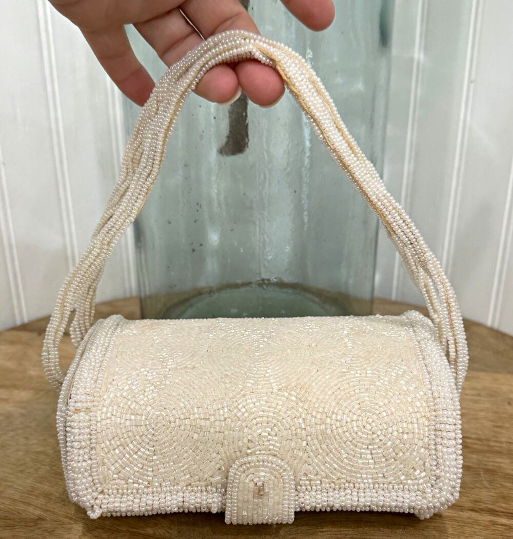 Vintage Saks Fifth Avenue Ivory Beaded Evening Purse Handbag for Women Formal